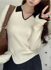 Korean White Ribbed Long Sleeve Round Neck Top