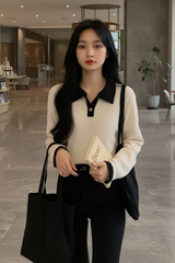 Women Self Design Collar Cotton Blend Beige, Black T-Shirt