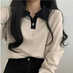 Women Self Design Collar Cotton Blend Beige, Black T-Shirt